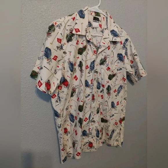 Fins Men's casual button-down shirt Beige Multicolored Golf pattern All over L/X - Picture 3 of 4